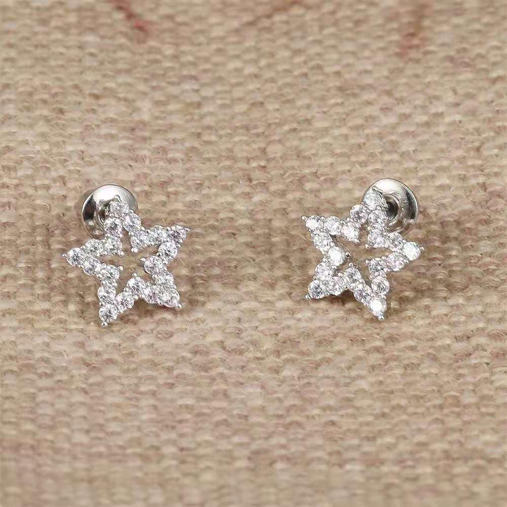 Elegant Copper-Plated White Gold Stud Earrings with Zirconia Five-Pointed Star and Micro-Inlaid Diamonds