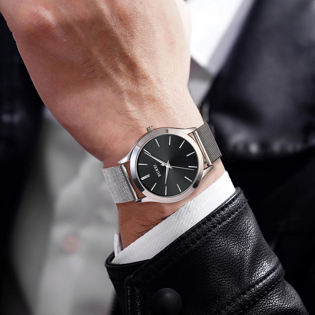 BUREI Herren Analog Quarz Uhr, Wasserdicht, Silber, Mailänder Maschenarmband, Beliebt, Schlank, Schlicht, Schwarz, Stilvoll, Business, Casual, Herrenuhr