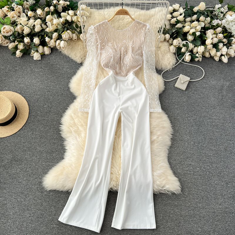 

Accessible Luxury round Neck Puff Sleeves Embroider Elegance Jumpsuit White S