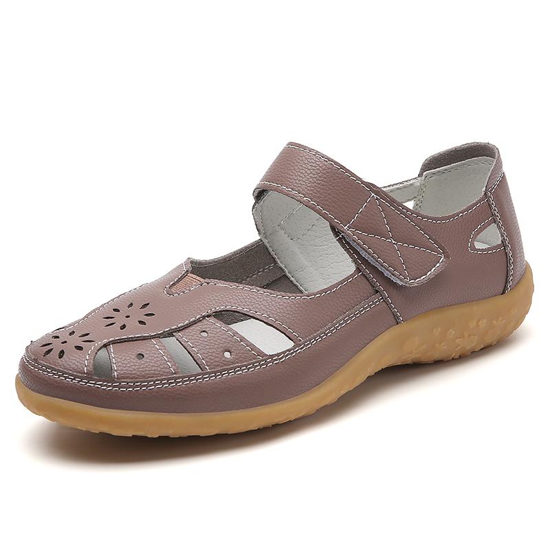 Plus Size Summer Women Sandals Solid Color Light Breathable Flats Non-Slip Soft Leather Walking Nurse Mom Shoes Outdoor