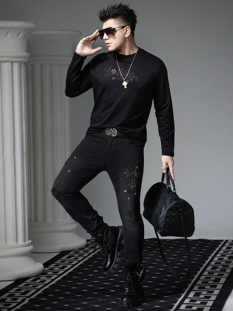 European Style Autumn Long-Sleeve T-Shirt for Men 2025 New Trendy Round Neck Beaded Printed Base Shirt Men's Top