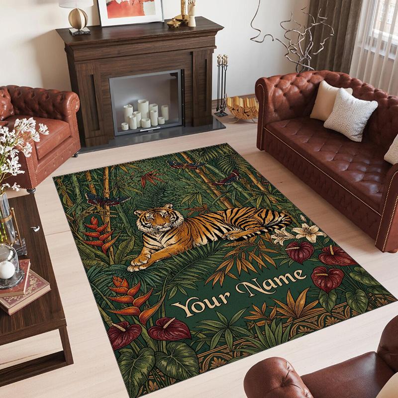 Leopard Theme Crystal Velvet Floor Rug Personalized Custom Name Text Warm Carpet Home Decoration