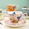 Luxury Gold Rim Bone China Tea Cup and Saucers, Elegant Floral Butterfly Coffee Mug Tableware Set, Bird on Branches Bone China Coffee Cup for Home
