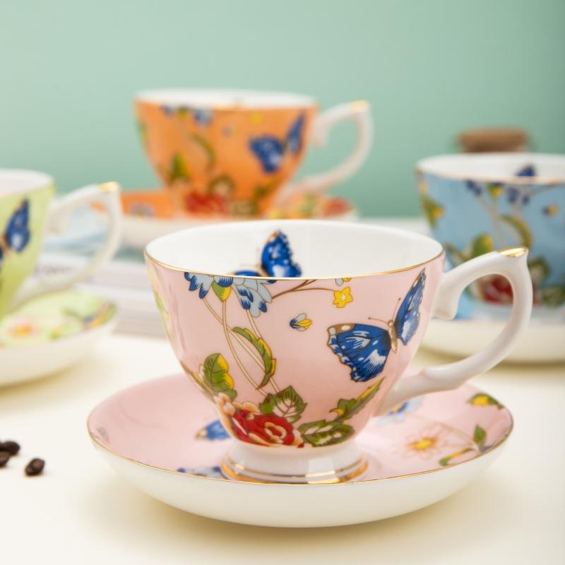 Luxury Gold Rim Bone China Tea Cup and Saucers, Elegant Floral Butterfly Coffee Mug Tableware Set, Bird on Branches Bone China Coffee Cup for Home