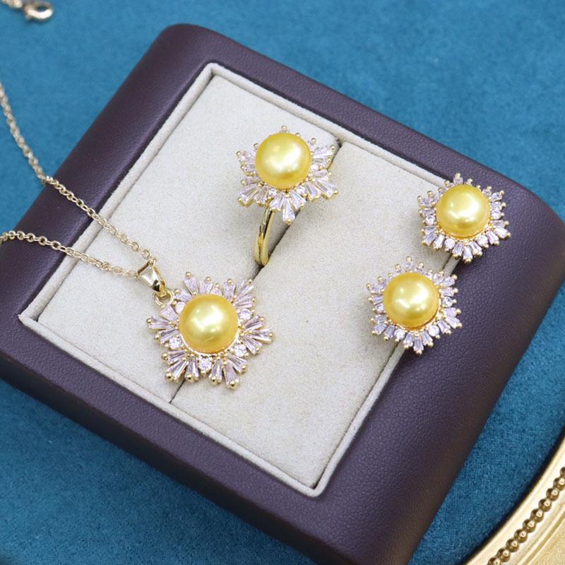 18K Gold-Plated Freshwater Pearl Jewelry Set: Necklace, Earrings & Ring with Micro-Pave Diamonds (9-10mm Pearls).