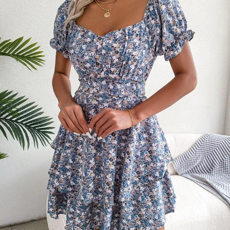 Elegant Floral Summer Dress for Women Square Collar Short Sleeve Lace Up Spring Outfit Sizes S To XL