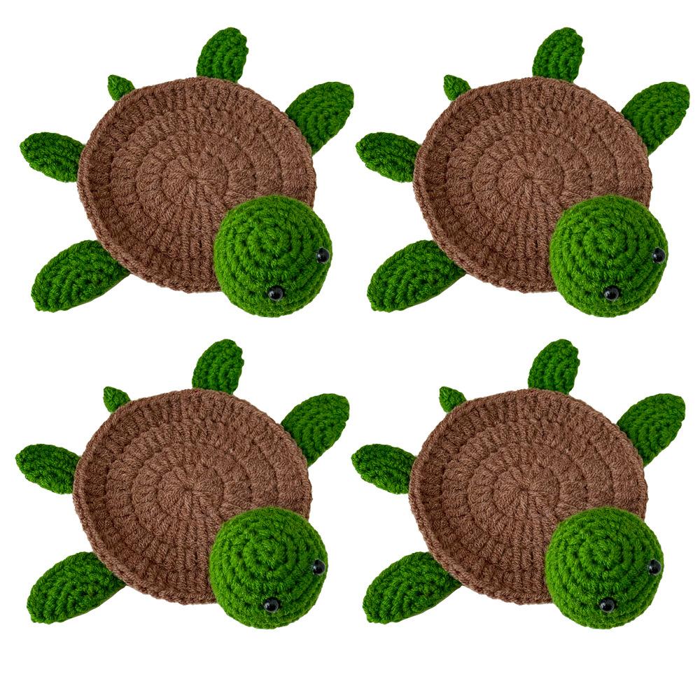 

4 Pcs Crochet Turtle Coasters SetFunny Handmade Woven Drink MatsCute Shell Shaped Mug Cup MatTable Desk Decor S&cartoon figure