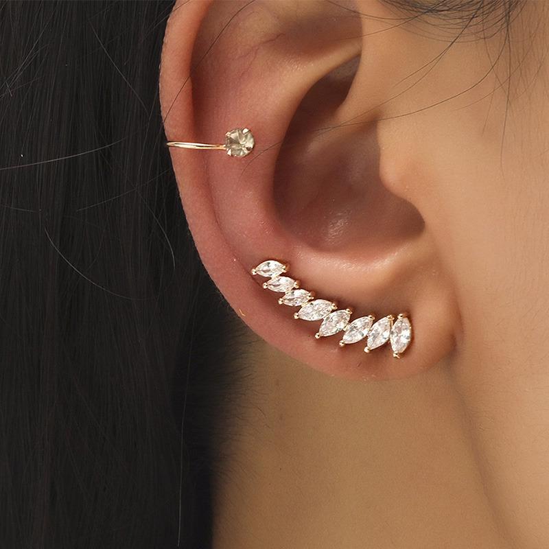 Women's Gold Diamond Ear Bone Clip, Non-Pierced, Geometric & Leaf Design, Japanese & Korean Style