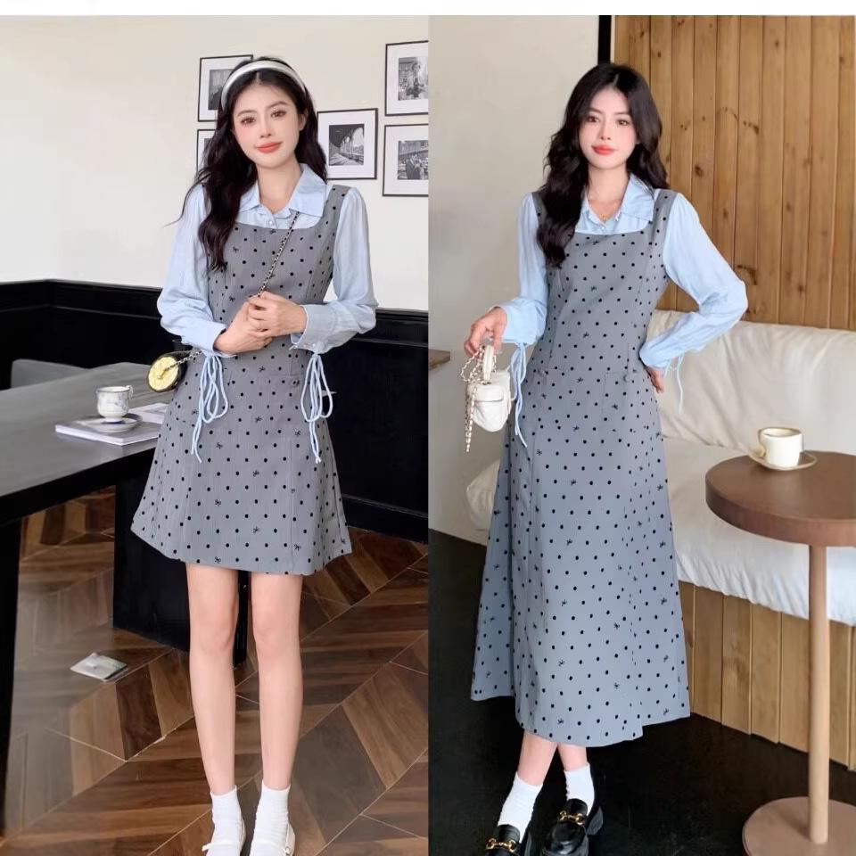 Plus Size Polka Dot Two-Piece Long Sleeve Dress - Slimming & Tummy Concealing M