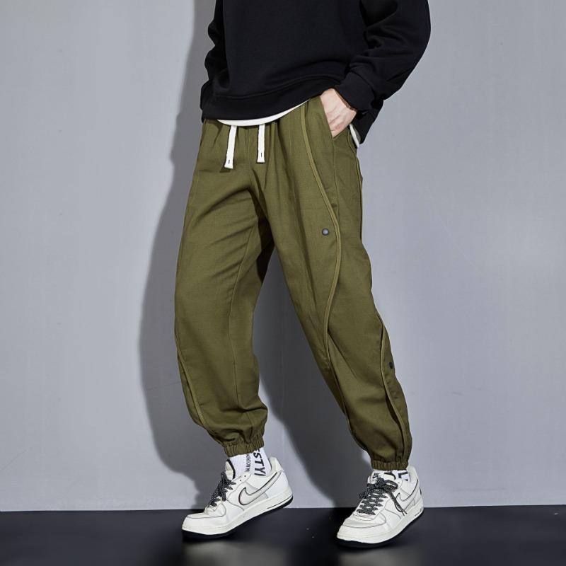 Large size casual pants, multi-pocket splicing button elastic overalls, men's tied-leg trousers