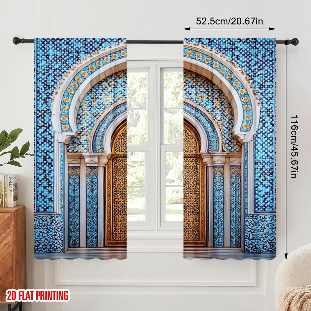 2pcs 2D flat printing Curtains Ancient Moroccan palace door 100% Polyester Fabric Without Electricity Festive Holiday Use for