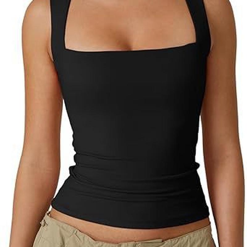 

European Style Women Clothing Short Sleeve Fashion Square Neck Slim Fit Sleeveless Tank XL чёрный