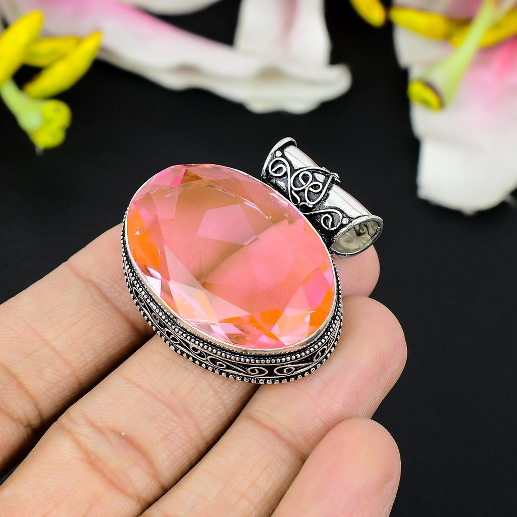 Pink Kunzite Gemstone Handmade 925 Steling Silver Jewelry Pendant 1.38" KG-324