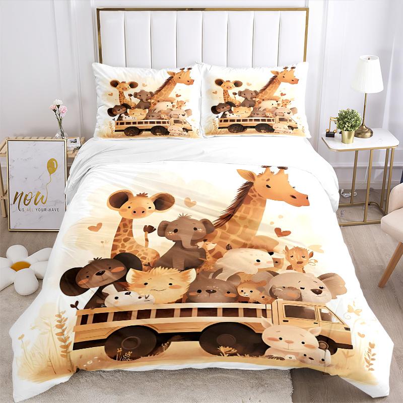 3pcs Cute Little Animals Bedding Set - 1 Soft Quilt Cover + 2 Pillowcases, Machine Washable - Suitable for All Seasons, Perfect Gift for Fam