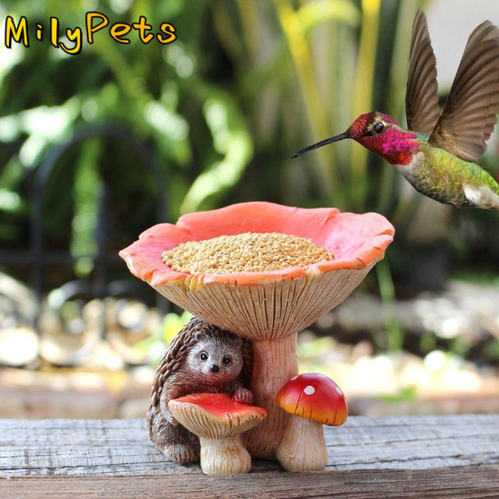 Resin Hedgehog Mushroom Feeder Bowl Creative Decorative Animal Feeding Trough Crafts Waterproof Bird Feederc Bird Food Dispenser