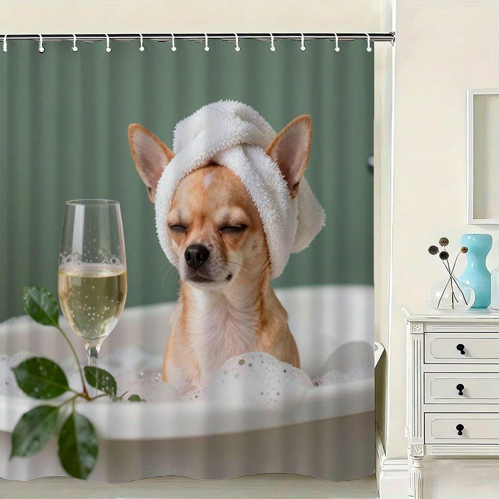 Funny Chihuahua Shower Curtain, Dog Spa Bath Print, Humorous Animal Bathroom Decor, Waterproof Fabric Panel