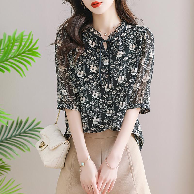 

Элегантная шифоновая блузка с принтом темперамента для женщин, летняя модная универсальная рубашка с короткими рукавами, летняя женская одежда S чёрный