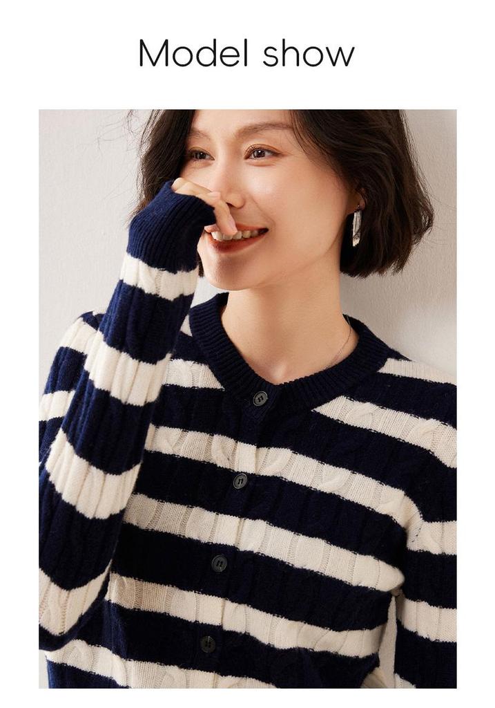 Women's Navy Style Pure Wool Color Block Stripe Cardigan Sweater