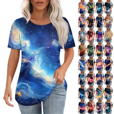Camiseta feminina estampada com céu, moda casual, gola redonda, manga curta, top