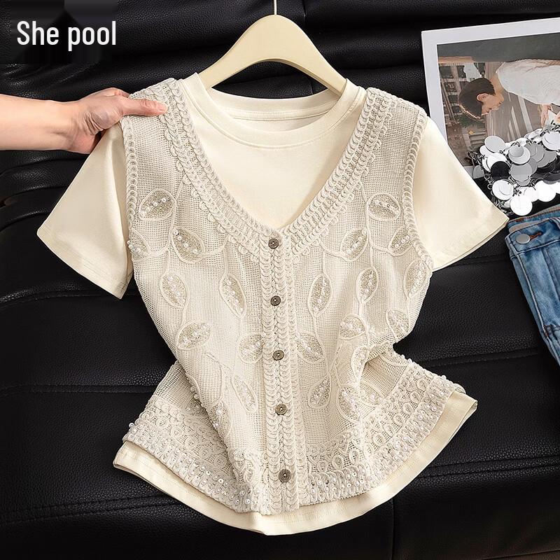 Women s V-Neck Beaded Crochet Knit Vest OS