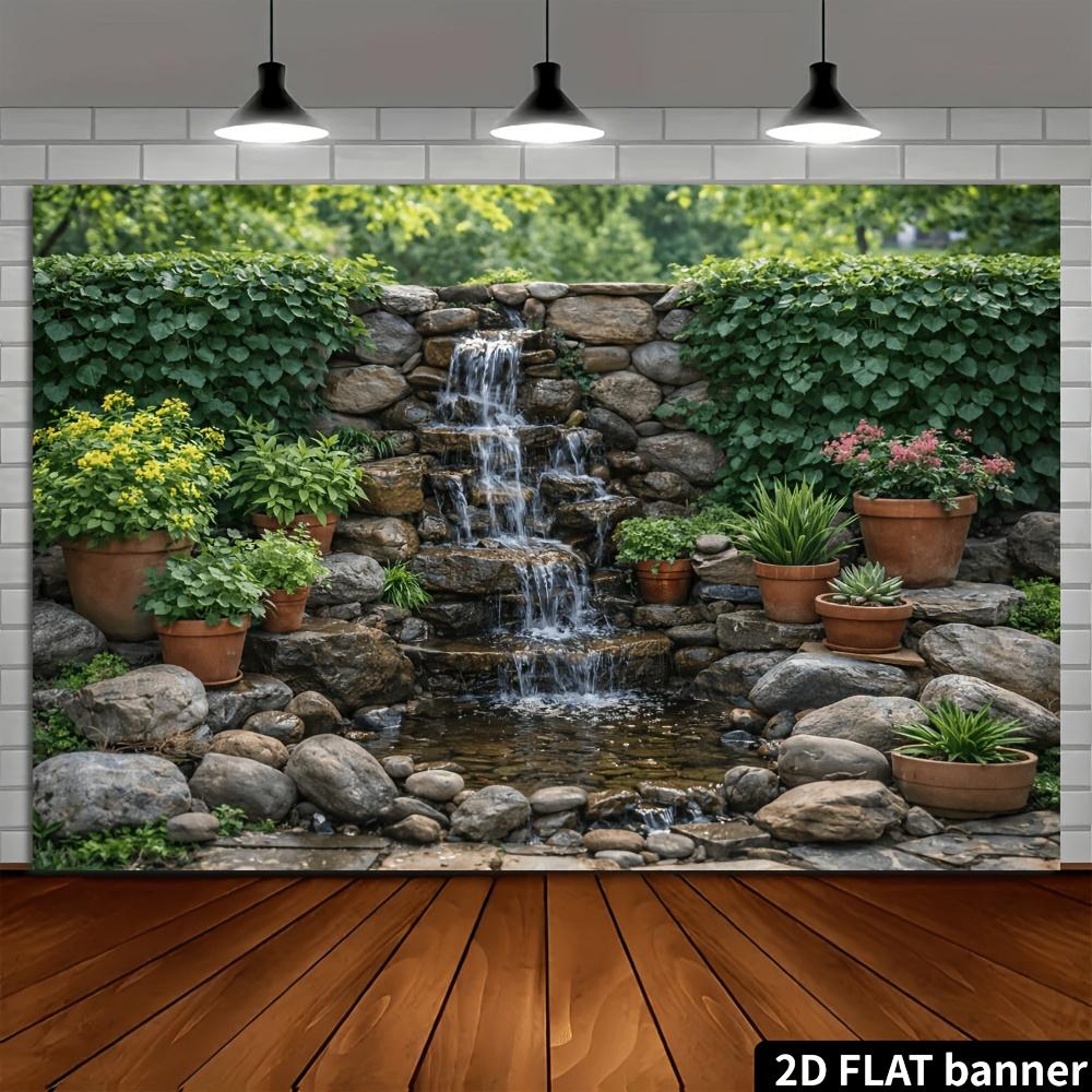 2D Planar Courtyard Rock Waterfall Banner Background Fabric, Stone Wall Waterfall Scenery