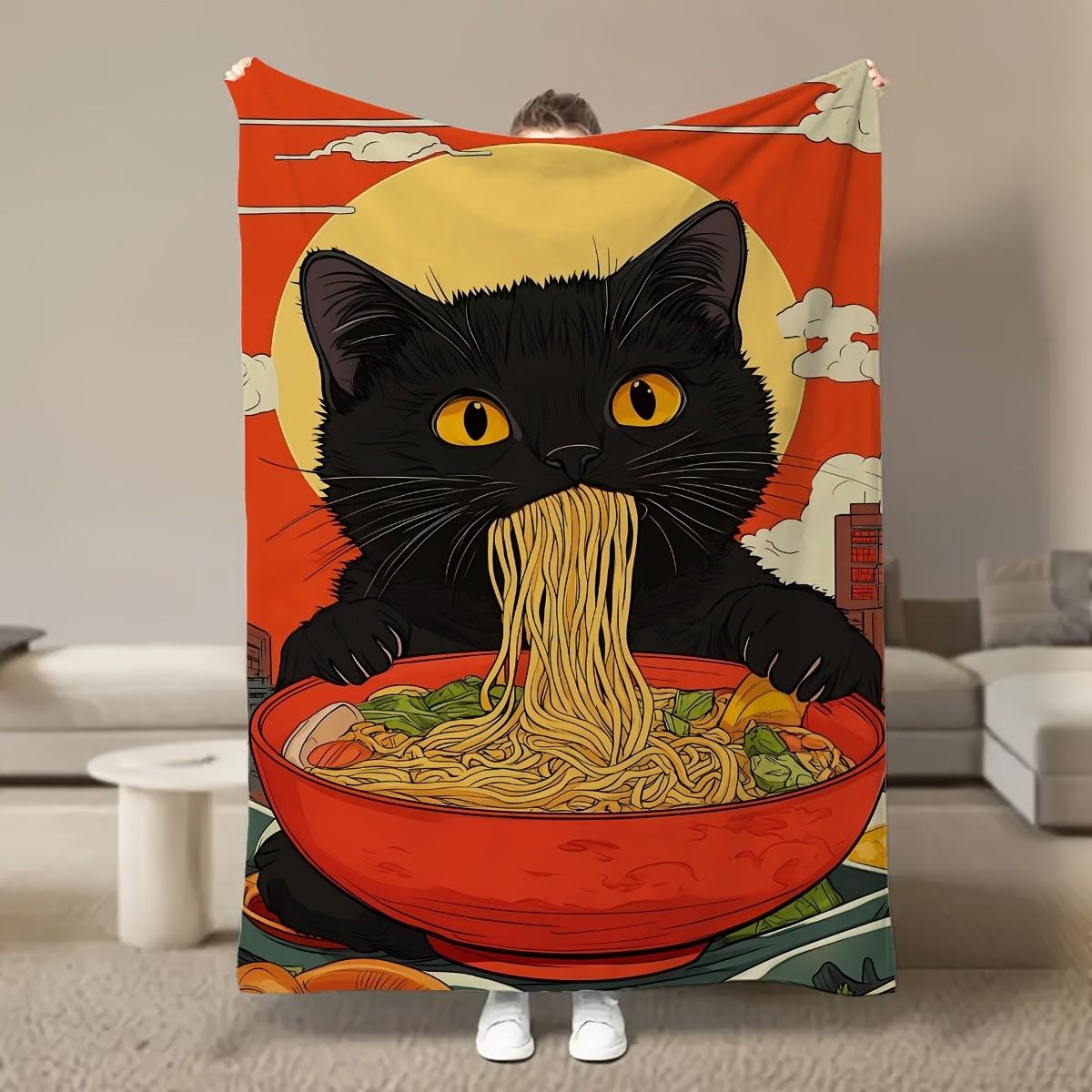 

Black cat eating ramen pattern Flannel printed blanket suitable for all seasons suitable for living room office sofa and travel 75x90cm