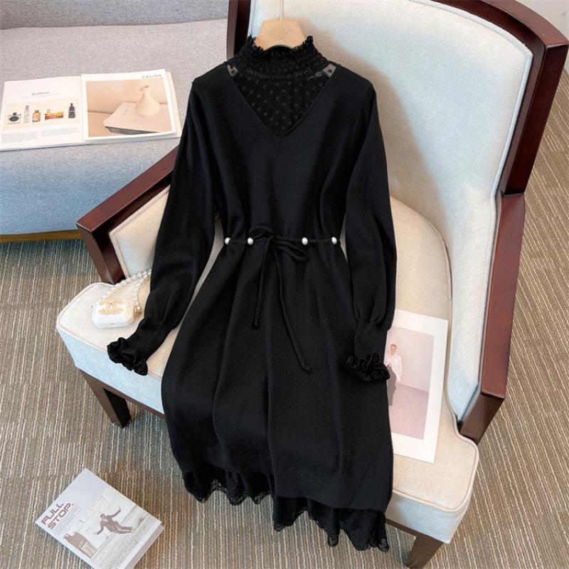 

Женское свитер-платье большого размера с кружевной отделкой - Облегающее, Стильное, Средней длины, Скрывающее живот, Подходит для 200 фунтов XL (120-140 lbs) чёрный