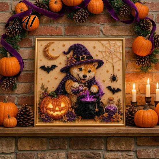 Puppy Themed Faux Pearl Painting Halloween Kit Art DIY Witch Seasonal Home Decor Projects Hat Bead Craft Kit for Adults And Teens Handmade