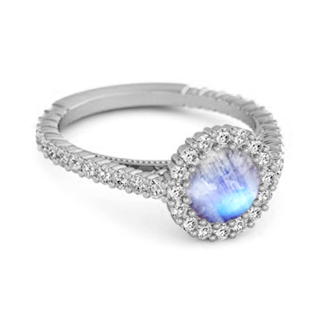 Moonstone Halo Pave Engagement Ring - 925 Sterling Silver