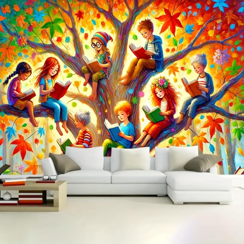 Ein 2D flaches Herbst-Lesebaum-Banner - ein Hintergrundtuch für den Spaß der Kinder beim Lesen unter bunten Blättern, zur Dekoration