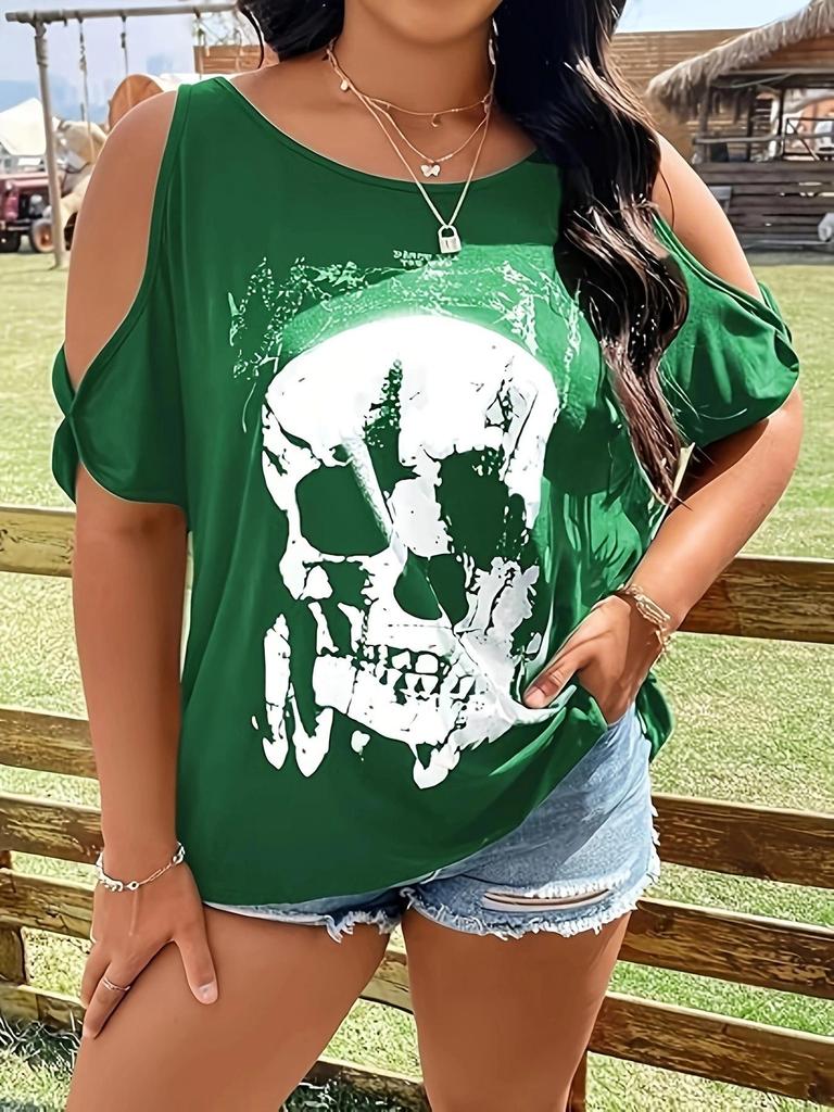 New Plus Size Gothic Skull 3D Print Casual Off-the-Shoulder Top