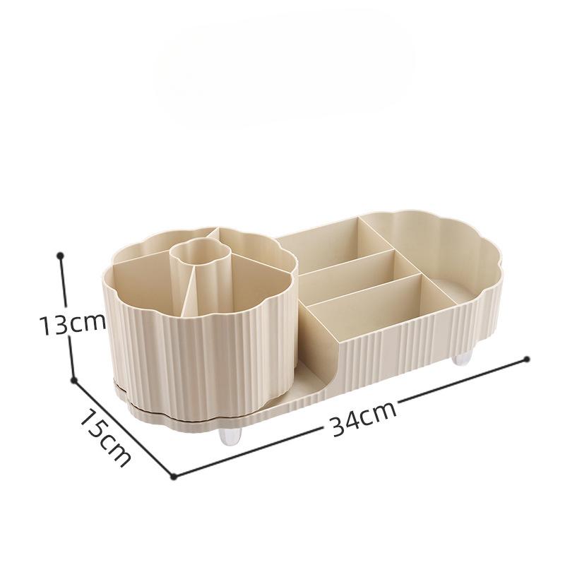 

Коробка для хранения косметики Вращающаяся подставка для ручек Туалетный столик Настольный Большой вместимости Полка для кистей для макияжа, губной помады и теней для век Large size кремовый