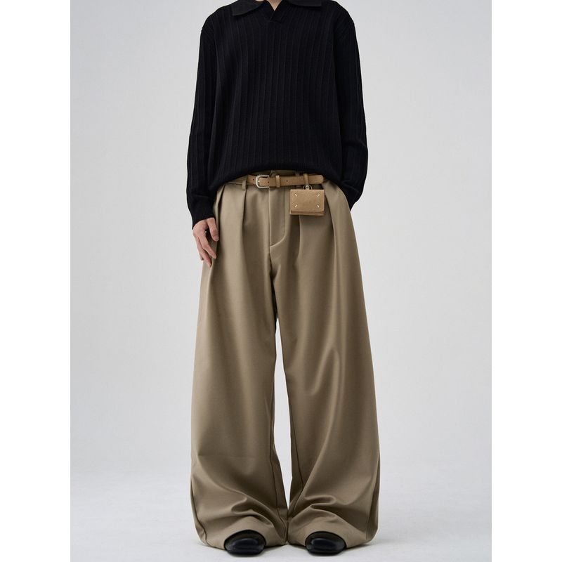 Kisko American Retro Pleated A-Line Silhouette Drape Casual Dress Pants for Men, High-End Wide-Leg Cleanfit Pants