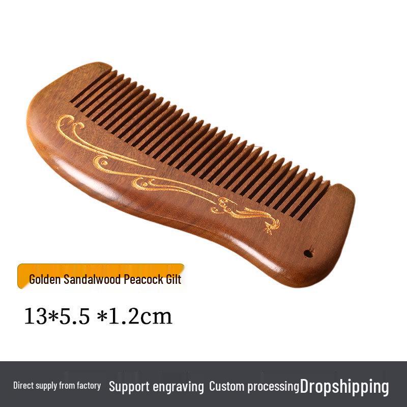 Golden Sandalwood Comb: Souvenir with Text Pattern, Thick Wooden Handle, Hairdressing Meridian Gift