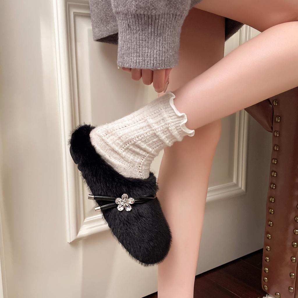 Fashion Designer Spring Autumn Women Warm Fur Shoes Fashion Shallow Slip on Ladies Flats Shoes Round Toe Women's Mary Jane Shoes