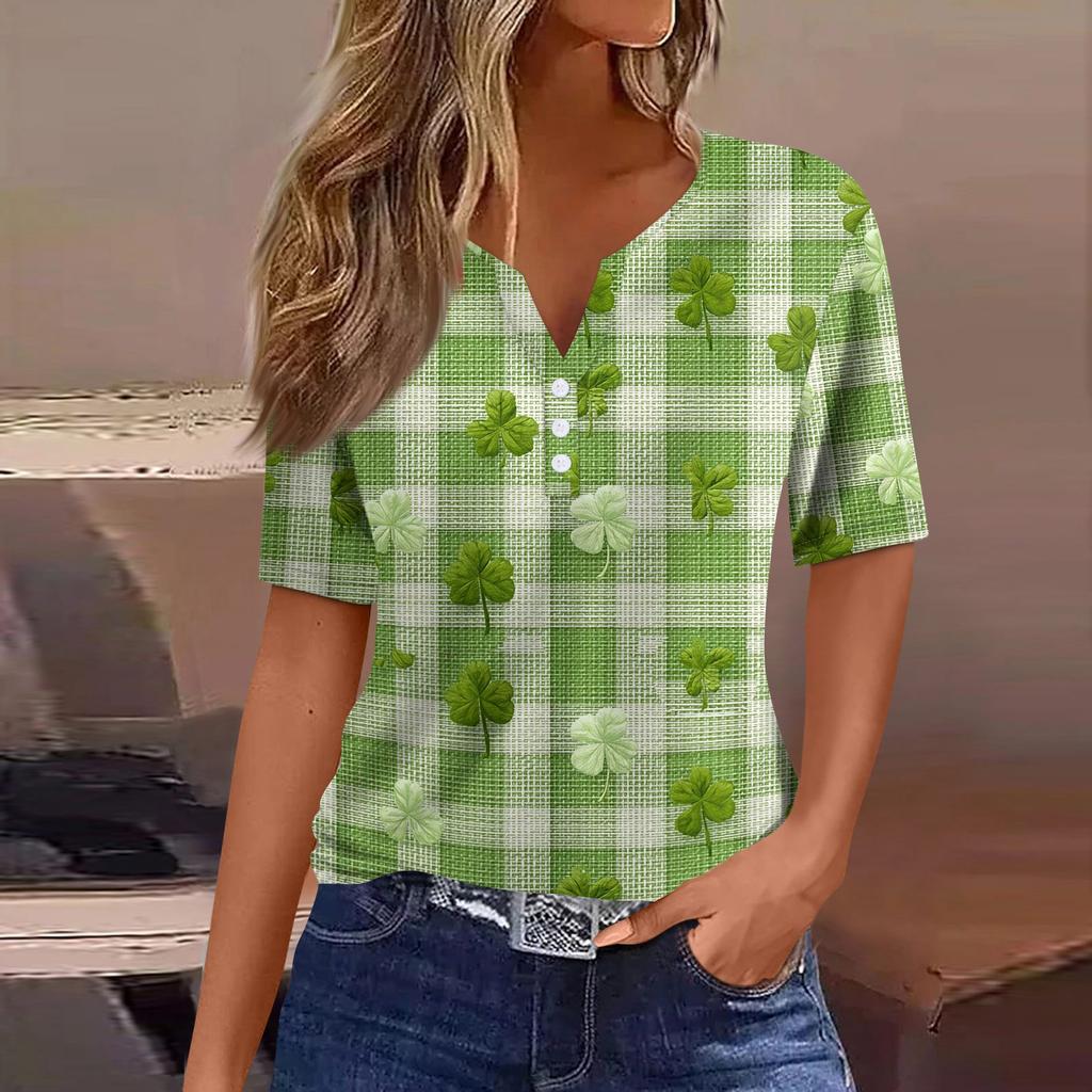Damen T-Shirt Tee Print Knopf Kurzarm Täglich Wochenende Mode Basic V-Ausschnitt Reguläres Oberteil St. Patrick's Day