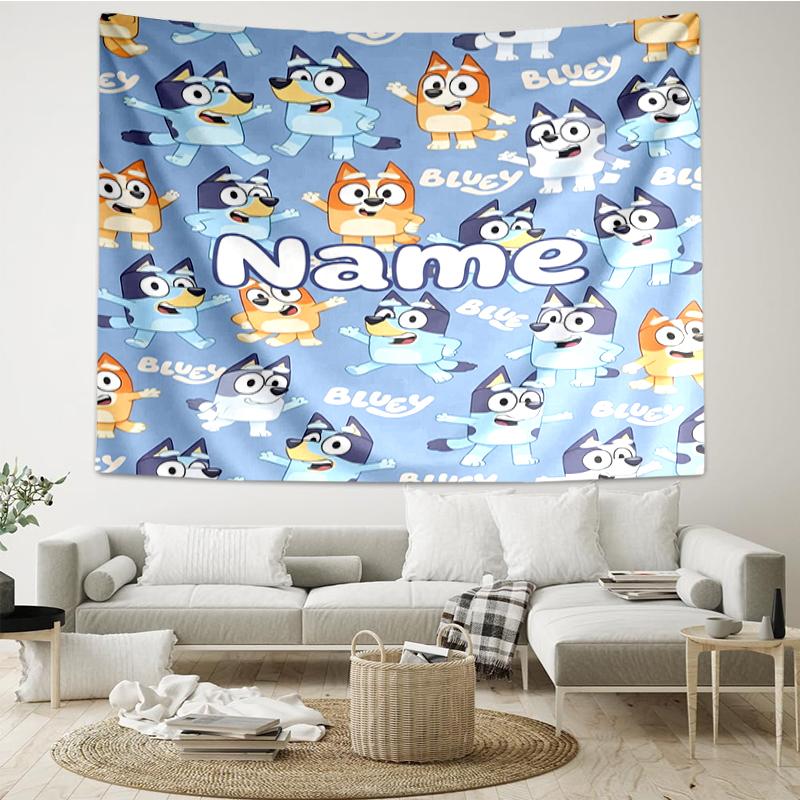 Custom Name Bluey Print Tapestry, Backdrop, Easy Setup, Ideal for Bedroom, Office & Living Room, with Aesthetic Wall Hanging Decor.