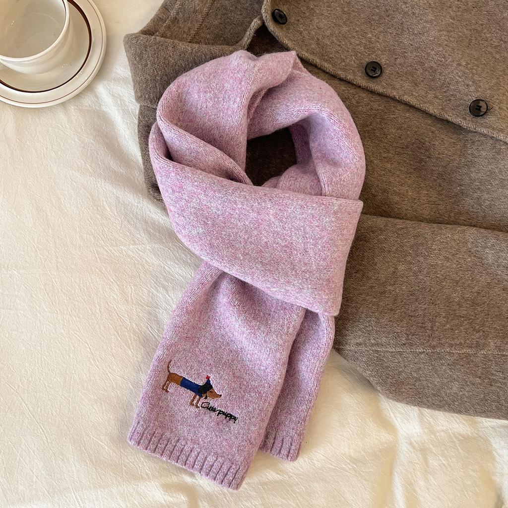 New Autumn and Winter Knitted Wool Scarf for Women Korean Version Versatile Embroidered Dachshund Woolen Neck Scarf Thickened Warm Scarf