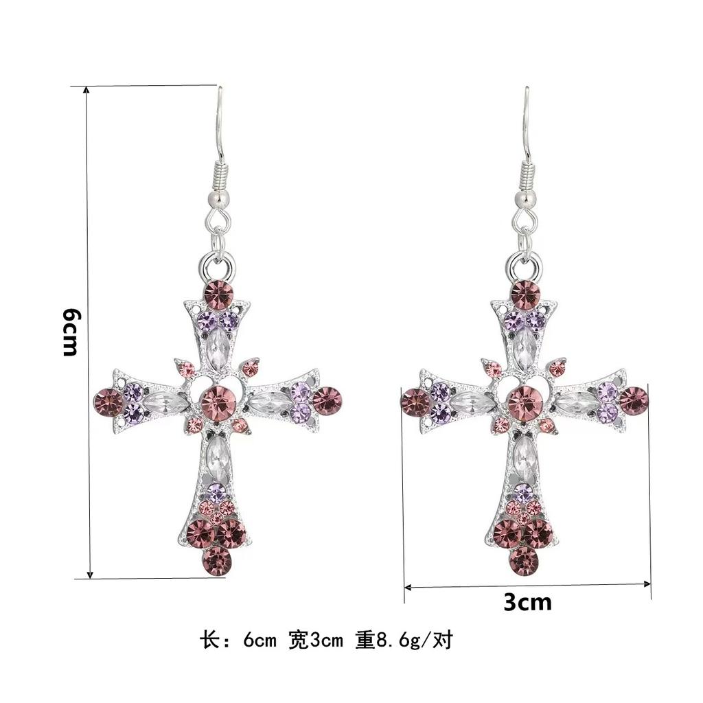 Gotické růžové křížky Errings Y2K fialové zirkonové punkové náušnice se srdíčkem a křížkem pro ženy šperky doplňky