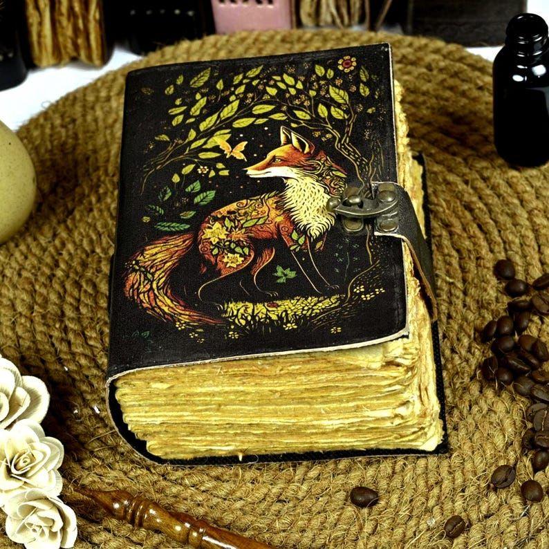 Handmade Fox Leather Journal –  Vintage Grimoire Book of Shadows, Rustic Fat Notebook, Witchcraft Gift for Men & Women