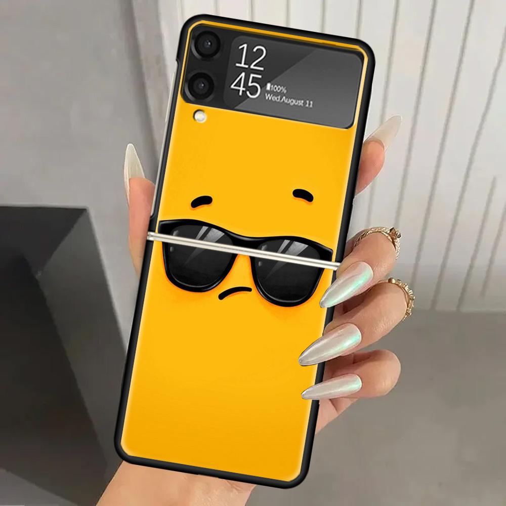 Funny Face Cute Hard PC Phone Case For Samsung Galaxy Z Flip 7 6 5 4 3 Black ZFlip7 ZFlip6 Flip5 Flip4 Flip3 5G Print Cover Gala