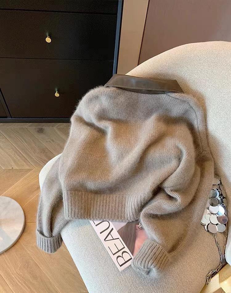 Evropský kožený svetr na zip s polo límečkem 2023: Podzimní/zimní pletený kardigan pro ženy