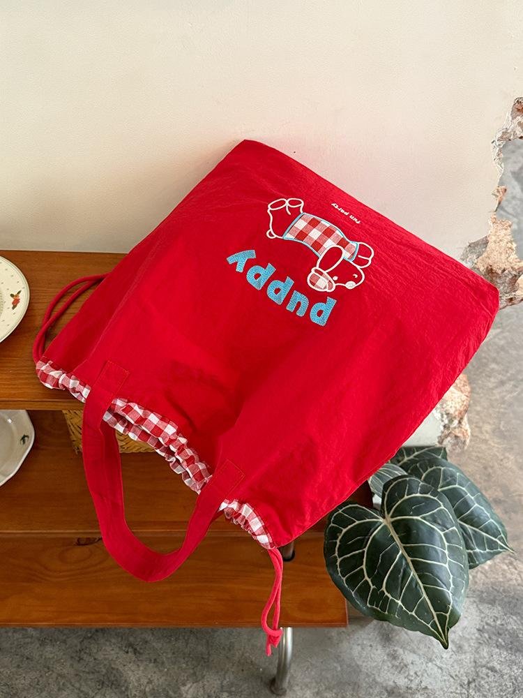 Korean cute puppy embroidered shoulder bag new college style drawstring tote bag large capacity versatile canvas bag