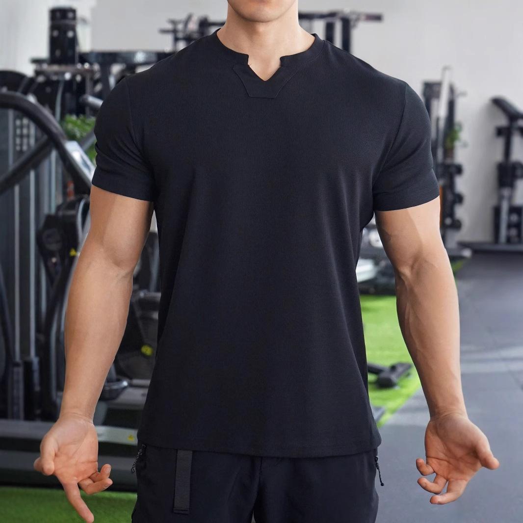 

Men S Summer Sports, Fitness, Leisure, Vertical Stretching, Vertical Stretching, V-Neck Short Sleeved T-Shirt 2XL чёрный