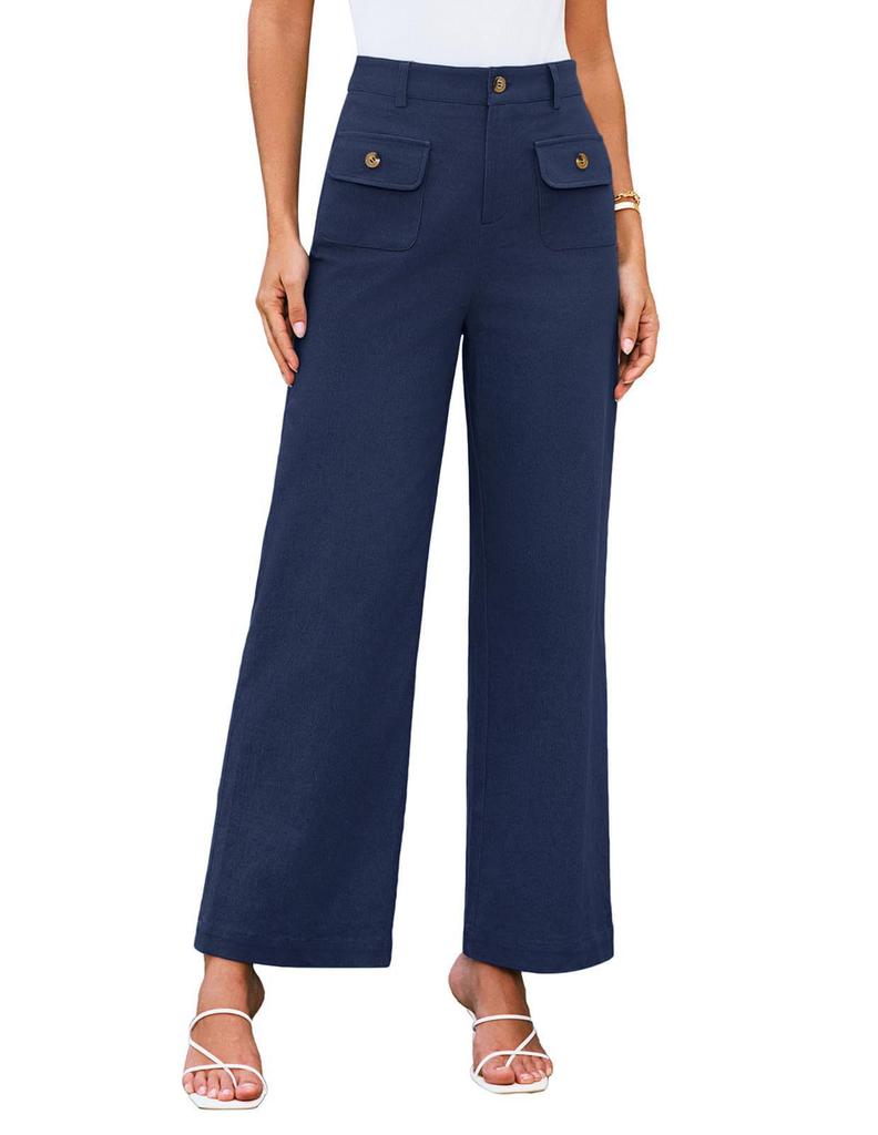 Women's High Waist Wide Leg Pants with Side Pockets and Snap Button In 9 Colors