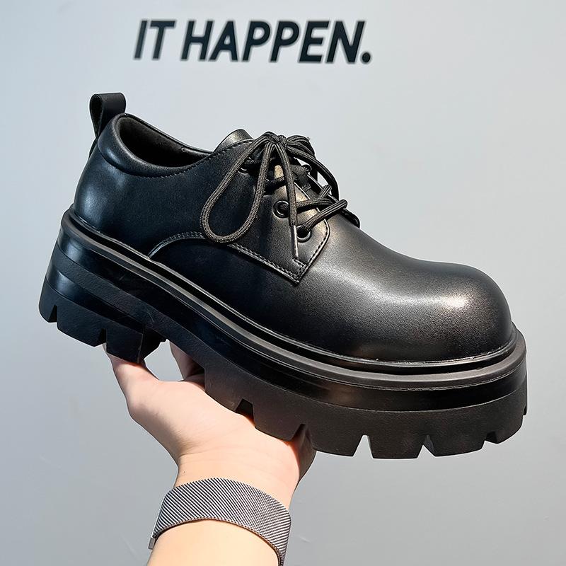 British style round head small leather shoes men's 2025 autumn and winter new Japanese thick heel big head lace-up single shoes 6112-A