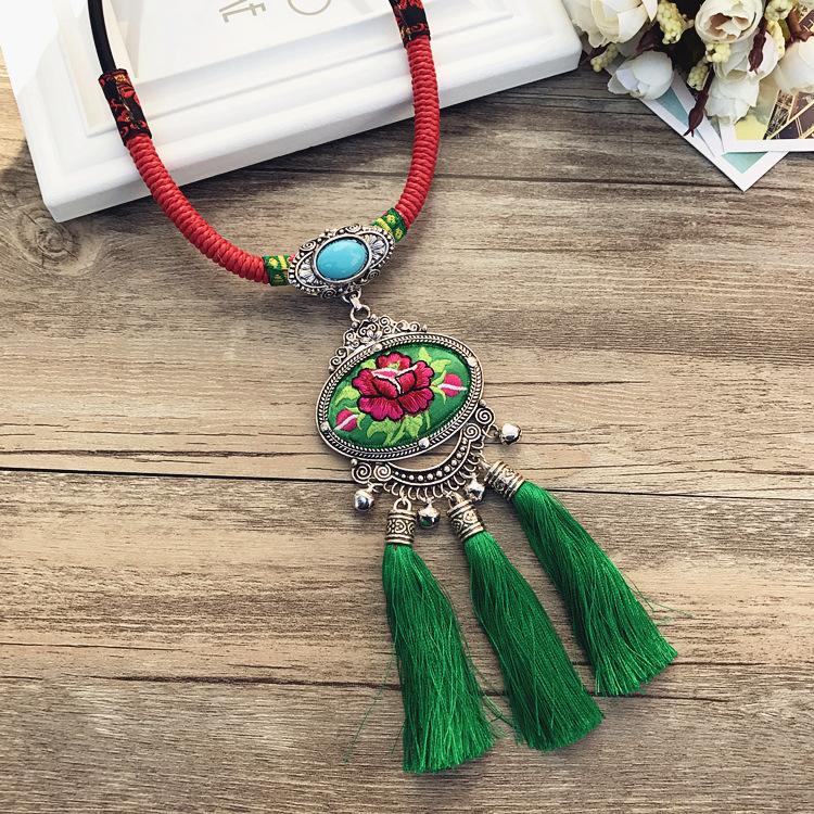 Retro Long Fashion Classical Embroidery Fringed Necklace Temperament Wind Chimes Pendant Miao Sweater Chain Accessories