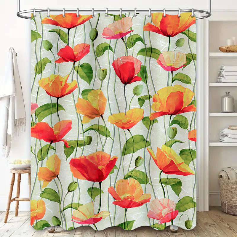 Aquarell Mohn Duschvorhang Badezimmer Dekor Rote Orange Blume Stoff Wasserdicht Hängendes Badvorleger Weißer Hintergrund
