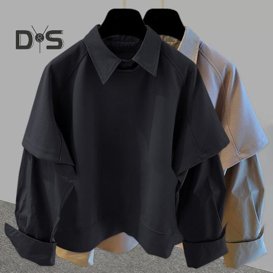 Pánská košile klopa dlouhý rukáv jednobarevná prošívaná falešný dvoudílný design pulovrové topy volný střih ležérní košile pracovní oděv