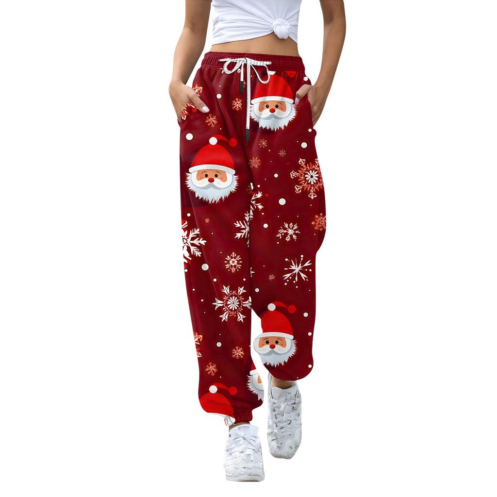 Women's High Waisted Sweatpants Christmas Print With Pockets Drawstring Trousers